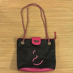 Prada Black and Pink Nylon Tote Bag With Gold Chain Straps